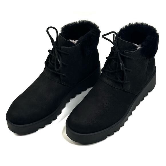 Eileen Fisher Kenille Black Nubuck Bootie Shearling Trim Wedge Womens 7 New $255 - Picture 1 of 10